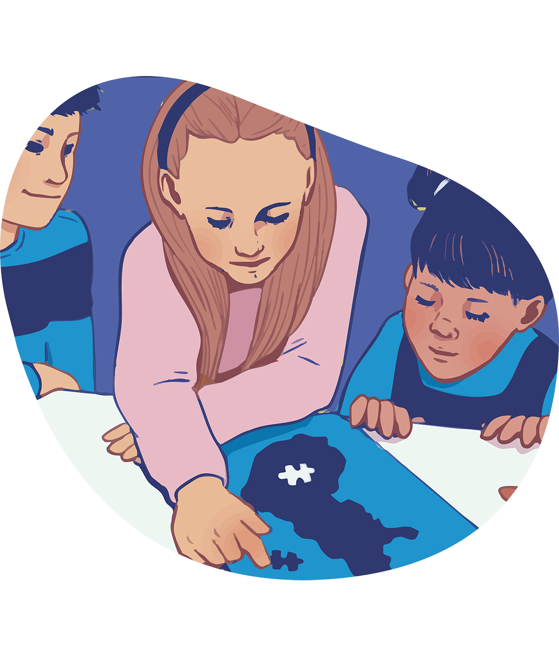 Kuvituskuvassa kolme lasta katsoo Suomen karttaa.