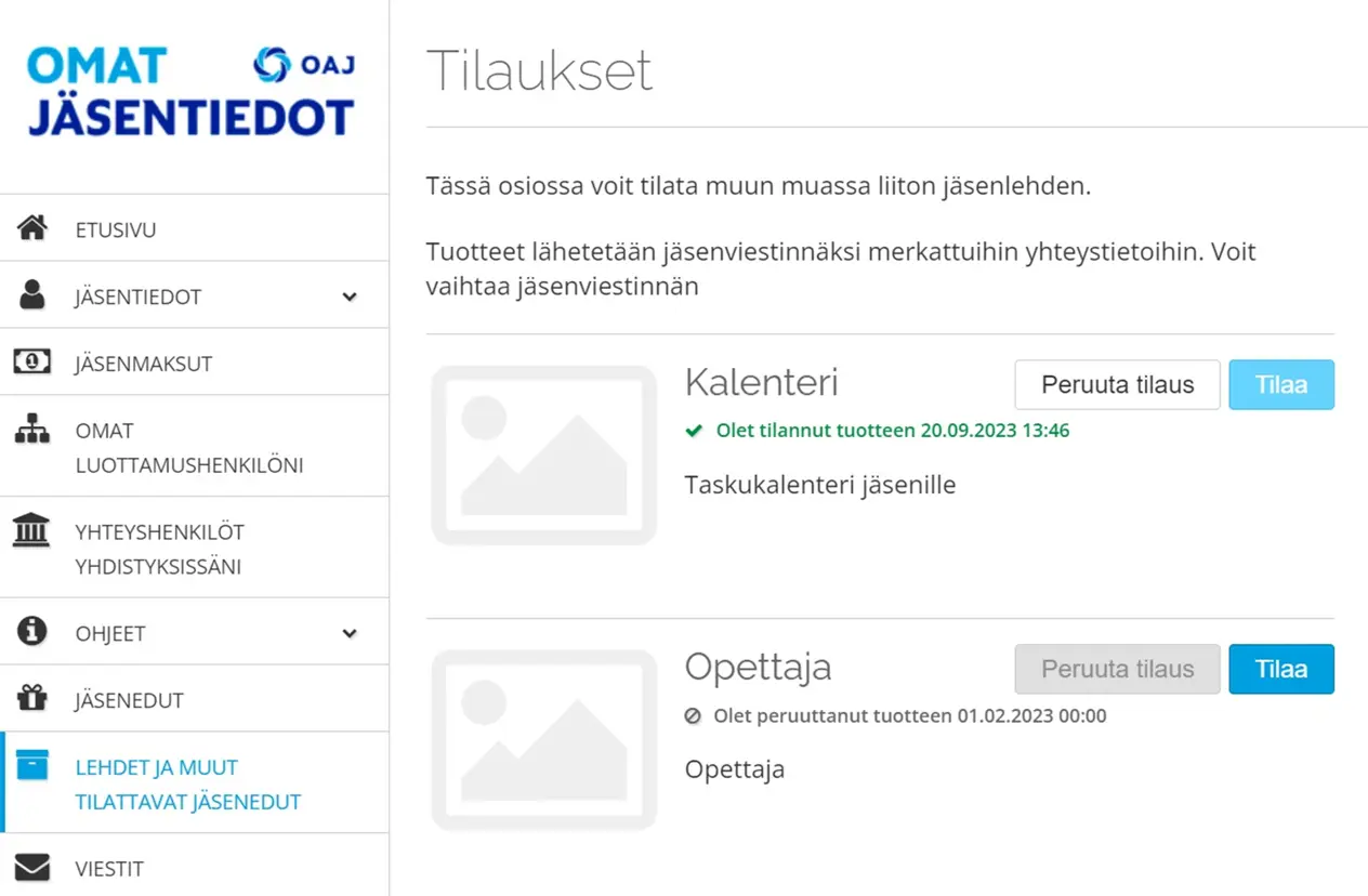 Ruutukaappaus Omat tiedot -palvelusta ja sen osiosta "Lehdet ja muut tilattavat jäsenedut". Kuvan sisältö on selitetty edellisessä tekstissä.