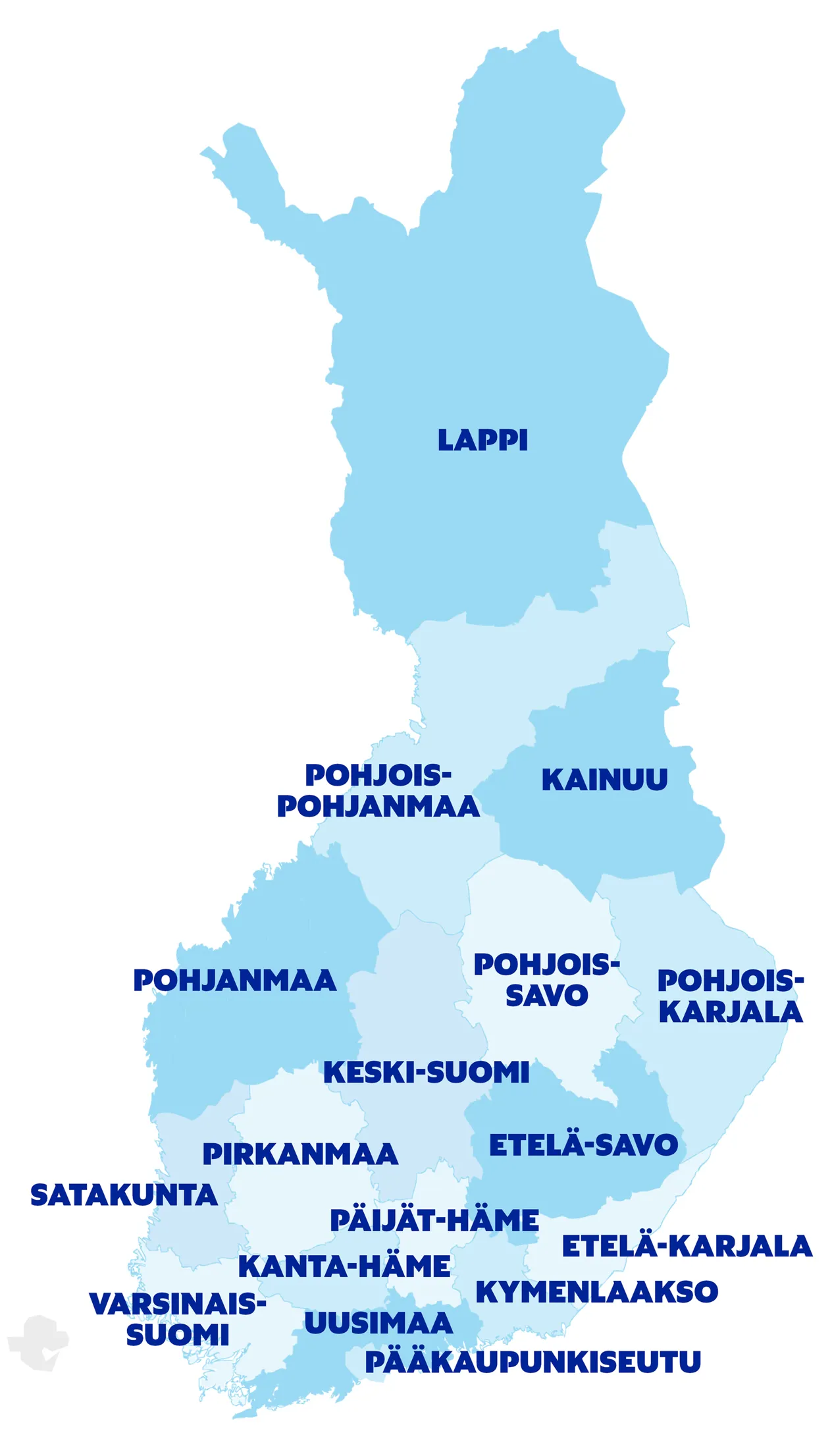 Suomen kartta, johon on merkitty OAJ:n 17 alueyhdistystä. Yhdistykset on lueteltu aiemmin tällä sivulla.