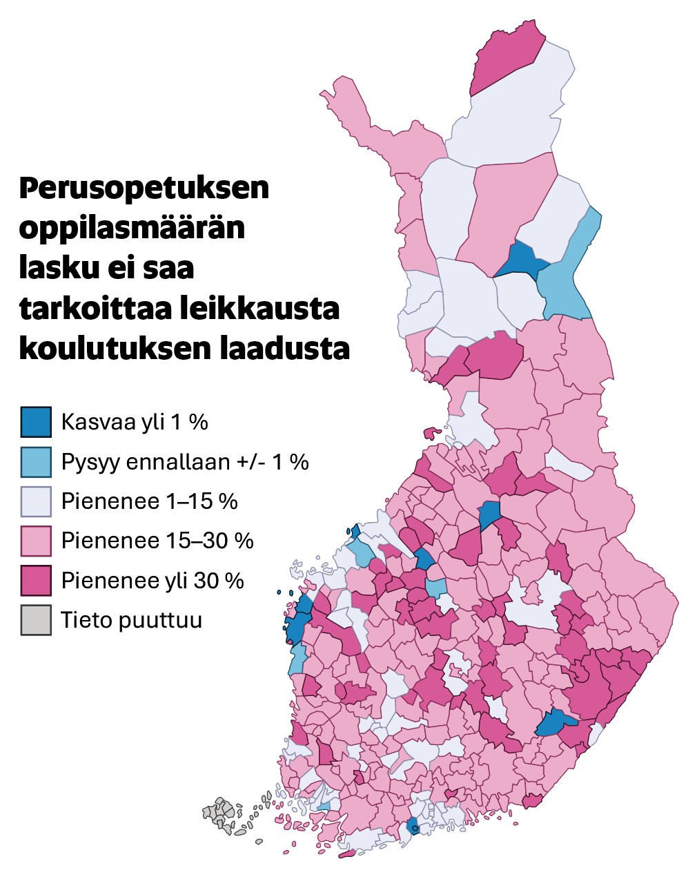 Perusopetuksen oppilasm&auml;&auml;r&auml;n kehitys Suomen kunnissa 2025&ndash;2032. P&auml;&auml;osin m&auml;&auml;r&auml; v&auml;henee, vain muutamassa kunnassa kasvaa tai pysyy ennallaan.